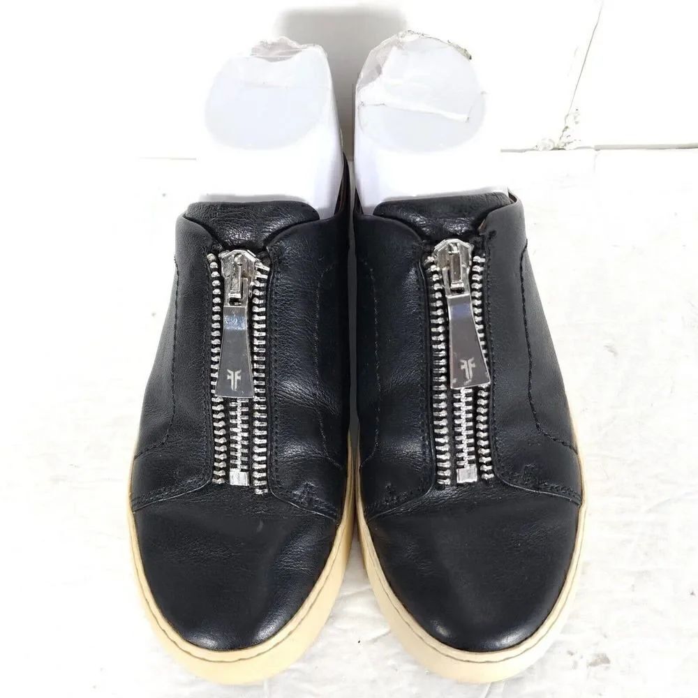 Frye women's Lena Zip US 7,5M Black Leather Slip On Flat Mules Sneakers Shoes - Picture 3 of 13